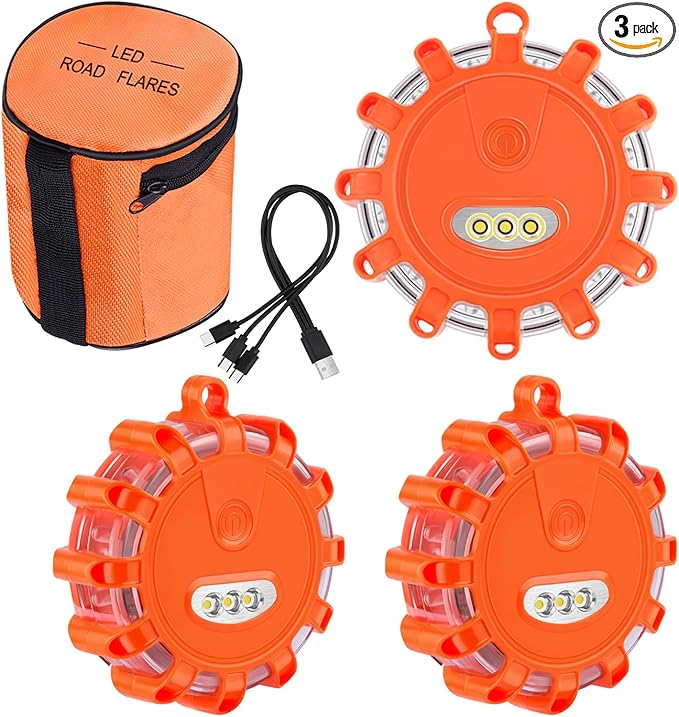 USB Rechargeable LED Road Flares Emergency Lights with Magnetic Base, 9 Strobe Options Roadside Emergency Warning Car Safety Beacon Flashing Disc Flare Kit for Vehicles & Boat (Orange Lights, 3 Pack)