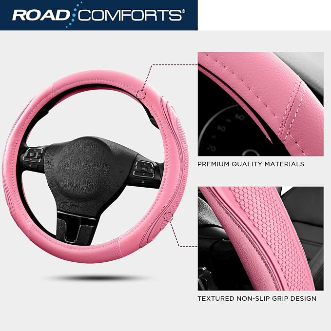 Car Steering Wheel Cover - Microfiber Leather Steering Wheel Wrap Sports 14.5-15 Inch Steering Wheel Cover Non-Slip for Men Women Pink & Pink Color