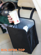 3 Gallons Open-Top Car Trash Can, Large Capacity Hanging Leakproof Car Trash Bag with Water-proof PEVA Liner, Stand Trash Bag for Cars Foldable Storage Bag for Cars SUV Truck RV Black