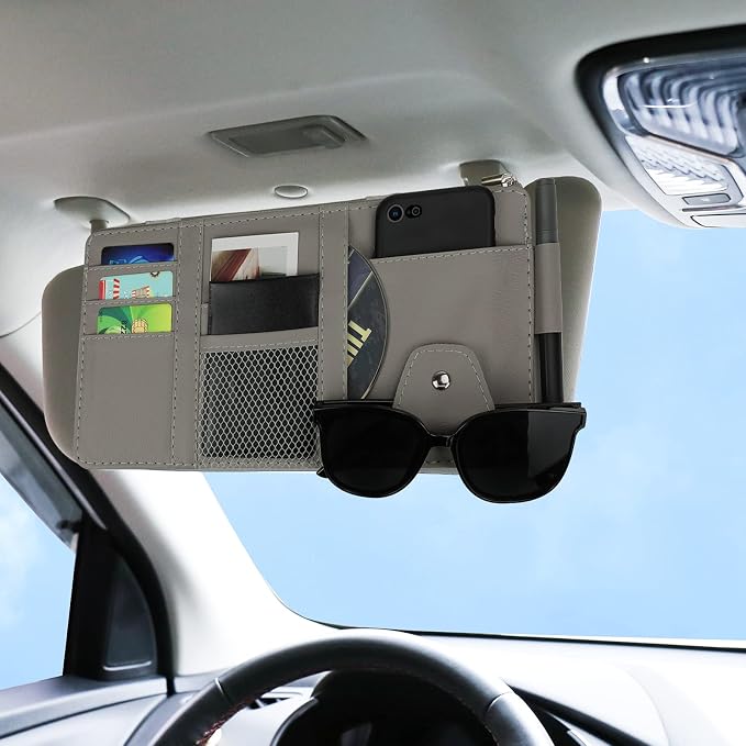 Car Sun Visor Organizer, Leather Pocket Organizer Sunglass Holder for Car Interior Accessories with Multi-Pocket Net Zipper (Gray)