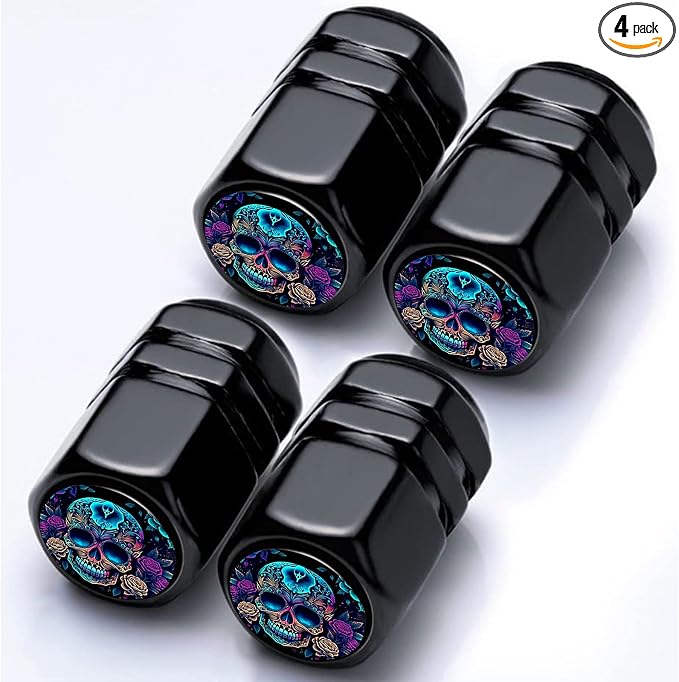 4Pack Skull Car Tire Valve Stem Caps Aluminum Valve Stem Covers Air Cap | Corrosion Resistant Car Valve Cap for Auto SUV Bike Motorcycle Valve Decor Skull Car Accessories Gifts