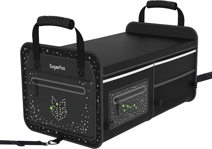 63L Car Trunk Organizer for SUVs & Small/Midsize Cars - Fluorescent Design, Waterproof, Collapsible with Adjustable Straps (Black-M004)