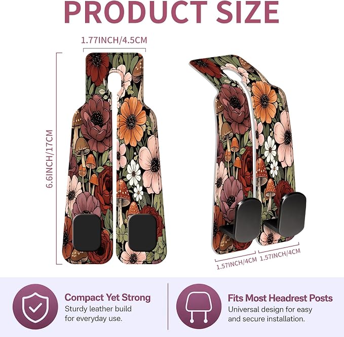 Car Seat Back Storage Hook, Funny Car Purse Hook, Cute Vehicle Storage Organizer for Purses Handbags Pink Vintage Floral
