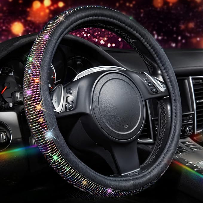 Bling Diamond Leather Steering Wheel Cover, with Bling Sparkly Crystal Glitter Rhinestones Universal Fit 13"1/2-14" Car Wheel Protector for Women Girl Fit Suvs,Vans,Sedans,Trucks, Multicolor