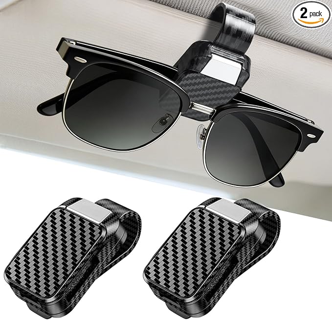 2 Pack Sunglasses Holder for Car, One-Handed-Operation Visor Sunglass Holder Clip, Easy Access Storage for Driving,Universal Fits (Carbon Fiber Finish)