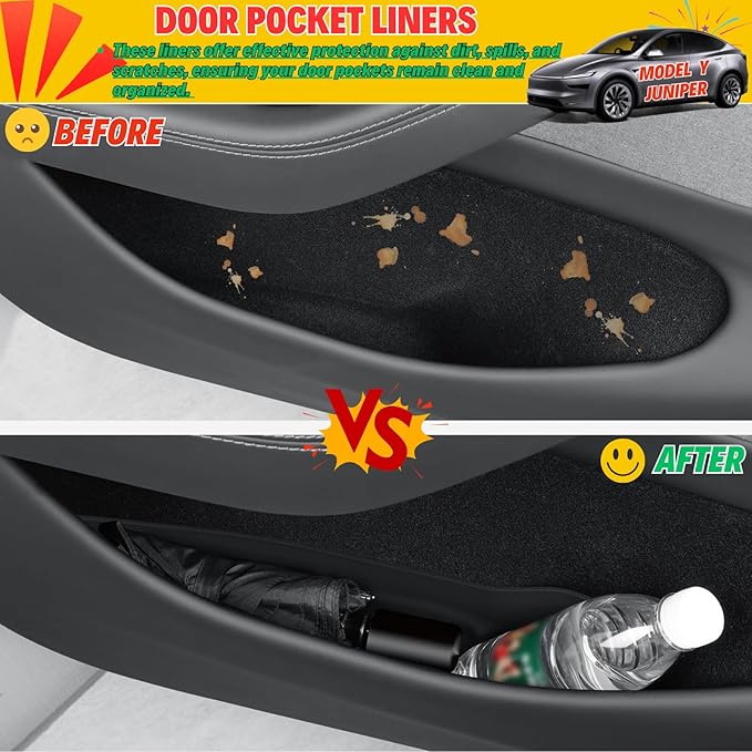 4-Piece Door Pocket Liners Set for 2026 Tesla Model Y Juniper Accessories | Protect Carpeted Door Pockets Against Spills and Debris, Durable TPE & Waterproof, Easy Removal and Clean