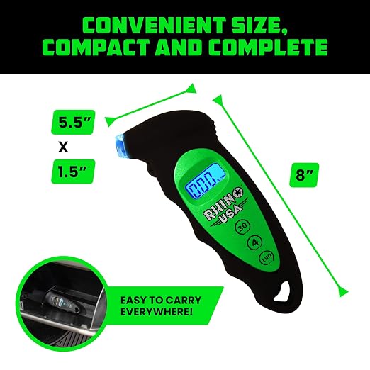 Rhino USA Digital Tire Pressure Gauge 150 PSI, 4 Ranges, Ergonomic Design w/Lighted Nozzle & LCD Backlit Display - Certified Accurate Readings, Best Digital Gage (Green)