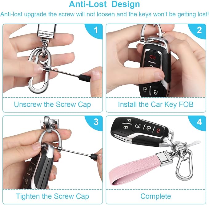 Genuine Leather Car Keychain,Universal Heavy Duty Metal Key Chain Accessories,Car Fob Key Keychain Holder with 360 Degree Rotatable Snap Swivel and Anti-Lost D-Ring for Men Women(Light Pink)