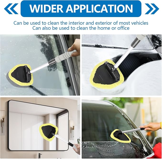 Car Windshield Cleaning Tool, Car Windshield Window Cleaner, Auto Window Glass Cleaning Kit with Extendable Handle & Reusable Microfiber Pad & Spray Bottle, Universal Car Accessories (Yellow)