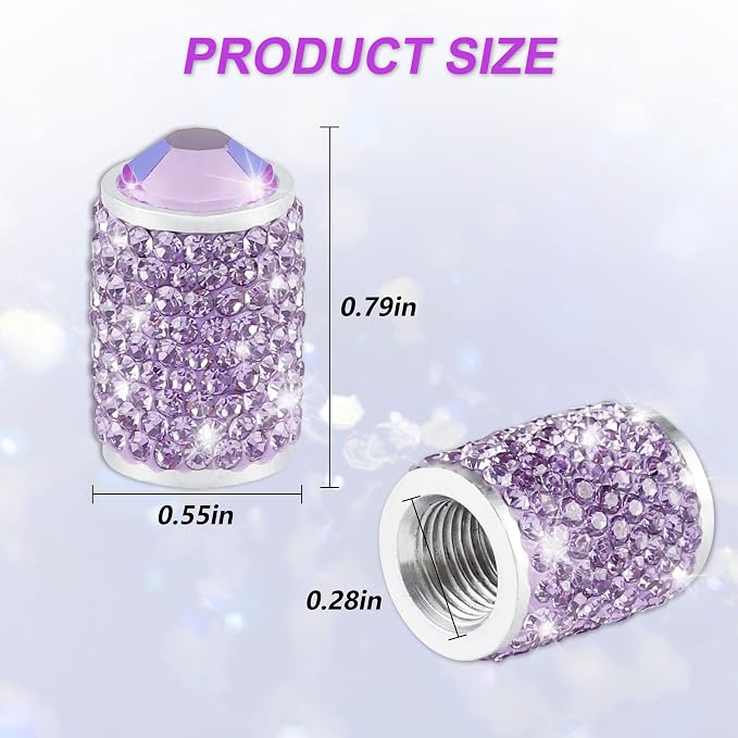 Car Wheel Tire Valve Caps, 4 PCS Bling Tire Valve Caps, Crystal Tire Caps Shinny Rhinestone for Women, Universal Car Dustproof Tire Valve Caps for Cars, Trucks, SUV and Motorcycles (Purple)