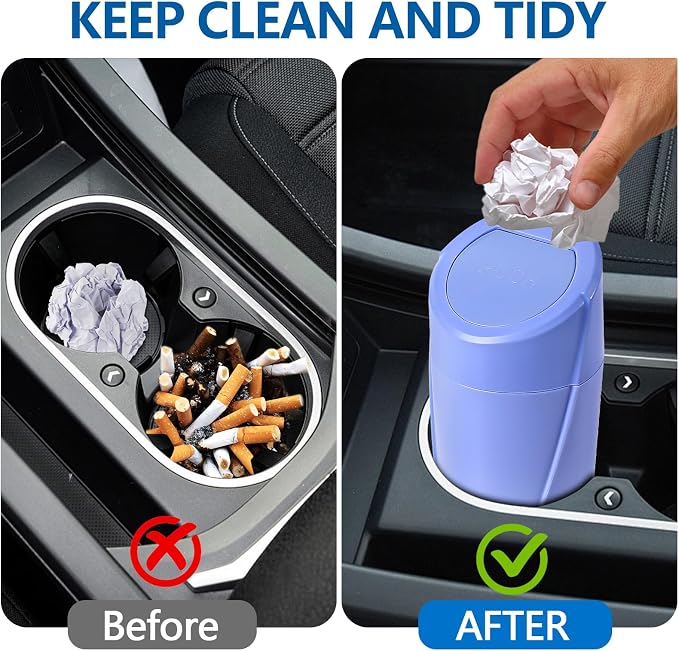 Mini Car Trash Can with Lid, Portable Garbage Can for Car, Leakproof Cup Holder Automotive Garbage Bin with 2 Rolls of Trash Bags, Small Trash Storage Can for Car Home Office(Dark Blue)
