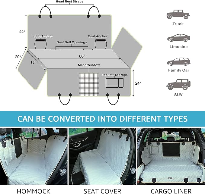XL Truck Dog Seat Cover Back Seat with 2 Seat Belts, Dog Car Hammock for Large SUV and Trucks Compatible with F150 F250/Chevrolet Silverado/Ram Pickup/GMC Sierra/Toyota Tundra and Crew Cab