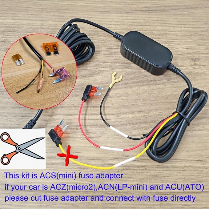 Micro USB Port Dash Cam Hardwire Kit for 24H Parking Monitor/Time-Lapse Recording Converts 12V-24V to 5V/2.5A Car Dash Camera Charger 320cm Cable Kit, Low Voltage Protection