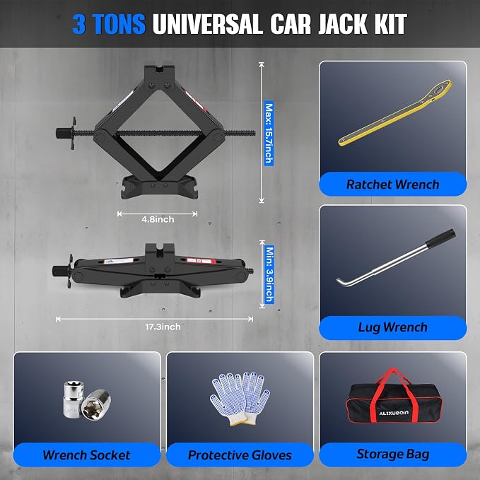 Car Jack Kit, 3 Ton (6614 lbs) Scissor Jack for Car, SUV, MPV | Alloy Steel Heavy Duty Scissor Car Jack, Portable Garage Tire Change Repair Tool, Outdoor Car Emergency Kit