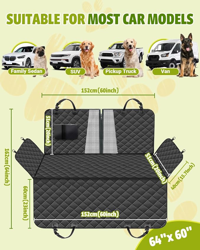 Dog Car Seat Cover, Heavy Durable Dog Seat Cover for Back Seat, 100% Waterproof Scratch Proof Nonslip Dog Hammock for Car with Side Flap, Pet Back Seat Covers Large 60" W x 64" L