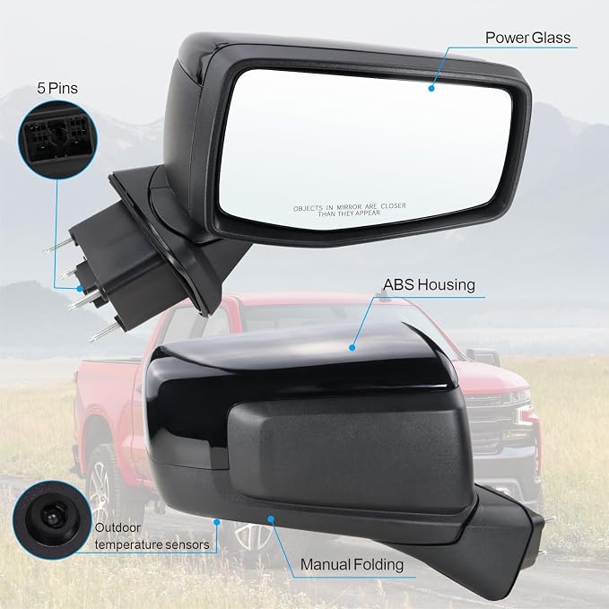 Right Passenger Side Mirror Compatible with 2019-2025 chevy Silverado 1500 Power Glass Manual Folding With Temperature Sensor Non-heated Without turn signal Replace#GM1321582(5Pins)