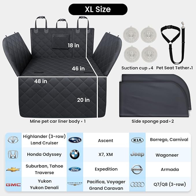 SUV Cargo Liner for Dogs, Full Coverage Non-Slip Cargo Cover with Cushioned Sides to Protect Your Dog, Waterproof & Durable, Machine Washable Trunk Protector Mat (XL, Black)