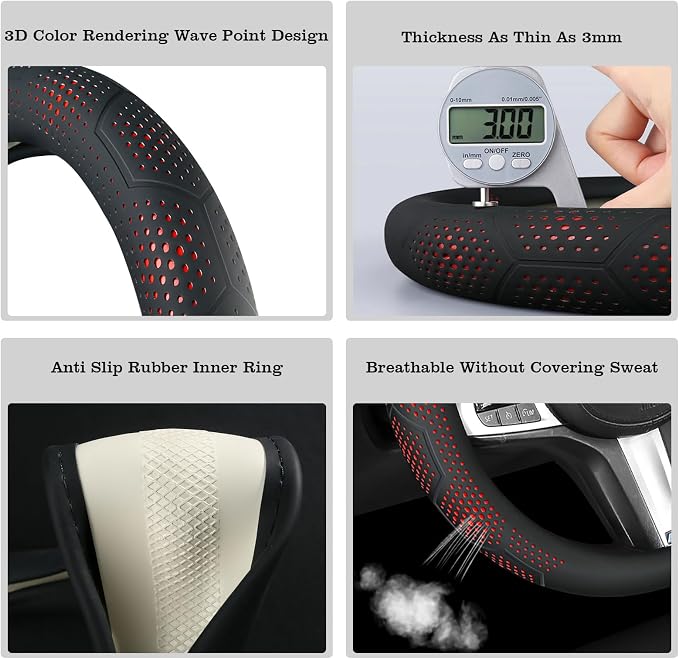 Car Leather Steering Wheel Cover - Panapi Material, Universal 14.5-15 Inch Leather Anti-Slip Breathable Auto Steering Wheel Covers for Men Women (Wave Point-Red)