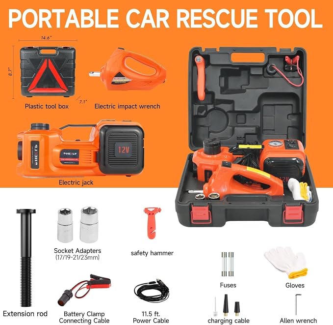 Electric Car Jack Kit 5Ton 12V Hydraulic Car Jack Lift (Lifting Range: 6.1~17.7 inch) with Electric Impact Wrench for SUV MPV Sedan Truck Change Tires Garage Repair