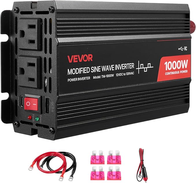 1000W Power Inverter, 12V DC to 120V AC Modified Sine Wave Inverter, Car Charger Converter with USB & Type-C Port, 2 AC Outlets, LED Indicator Light, Ideal for RV, Truck Outdoor Camping