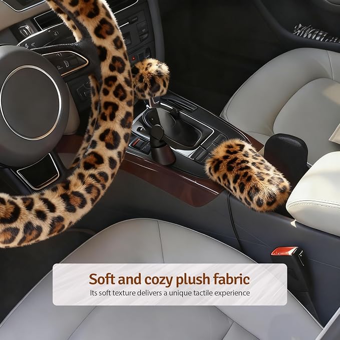 Fluffy Steering Wheel Cover 3PCS Set – Plush Fuzzy Fur Steering Wheel Cover with Gear Shift Cover & Handbrake Cover, Winter Warm Car Accessories, Car Interior Accessories for Women (Leopard)