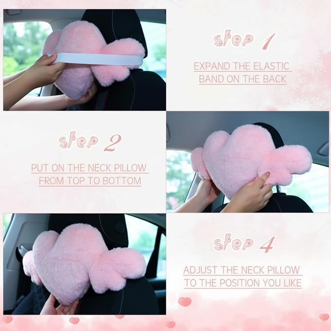2 Pcs Plush Heart Shaped Pillow with Angel Wings Car Headrest Soft Comfortable Seat Pillow for Driving Travelling Room Office Car Decor, 19.7 x 8.3 Inch(Pink)
