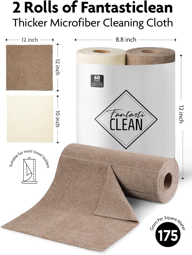 Microfiber Cleaning Cloth Roll -60 Pack, Tear Away Microfiber Towels, 12" x 12", Reusable, Washable, Scratch Free, Ultra Absorbent Dishcloth for All-Around Cleaning (Beige & Tan)