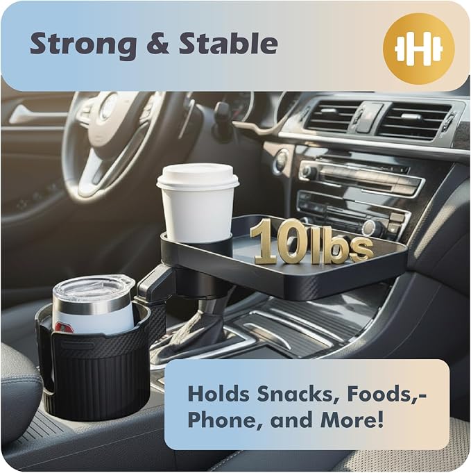 Upgraded Car Cup Holder Tray, 3 in 1 Car Cup Holder Expander Adapter, 360° Rotating Detachable 10.5" Car Food Tray Table for Eating, Road Trip Essentials, Fits Yeti/Hydro Flask 16–46oz