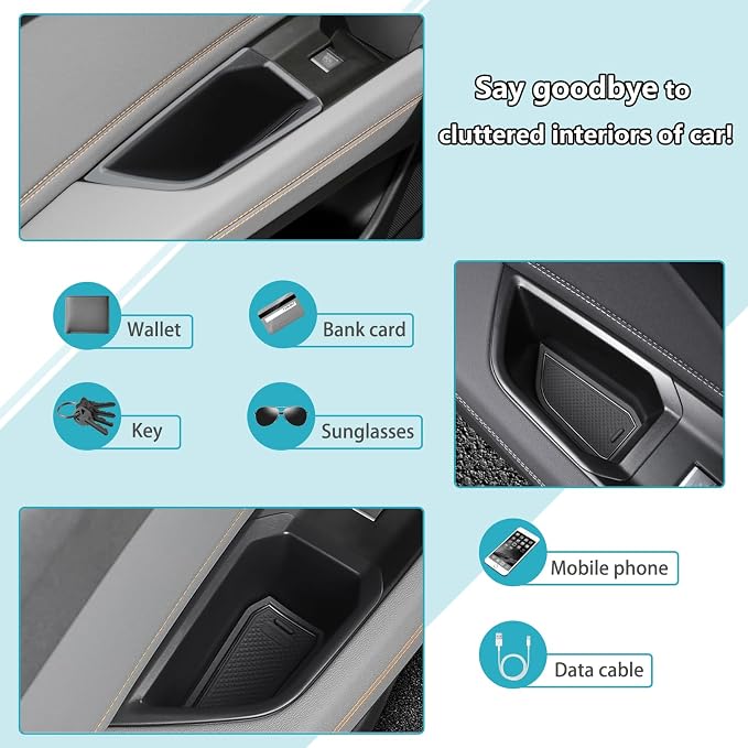 Rear Door Side Storage Box Compatible with Audi Q4 E-Tron 2022 2023 2024 2025, 2PCS Car Back Door Side Armrest Grab Handle Groove Storage Organizer Tray Pocket Slot Mat Insert ABS Accessories