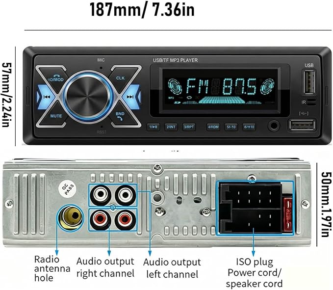Single DIN Car Radio Headunit Bluetooth Stereo Audio for Handsfree Calling,Phone Charging, FM/ MP3/TF Card/AUX/Time,Dual USB,7 LED Colors