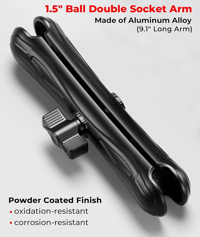 1.5" Ball Aluminum Alloy Double Socket Arm, 9.1" Length Long Arm | Compatible with RAM Mounts C Size 1.5" Ball Components, 360° Rotation, for Fish Finder Mount, Marine Electronic Mount