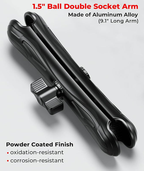 1.5" Ball Aluminum Alloy Double Socket Arm, 9.1" Length Long Arm | Compatible with RAM Mounts C Size 1.5" Ball Components, 360° Rotation, for Fish Finder Mount, Marine Electronic Mount
