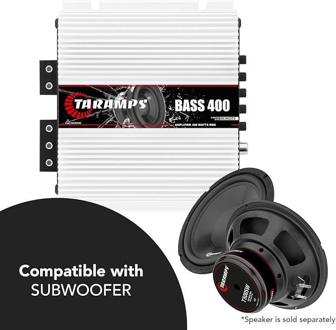 Bass 400 2 Ohms Monoblock Amplifier 400 Watts Rms 1 Channel 14.4VDC Out Power Full Range, Great for Sub/Bass - Rca/High Level Input, Car Audio