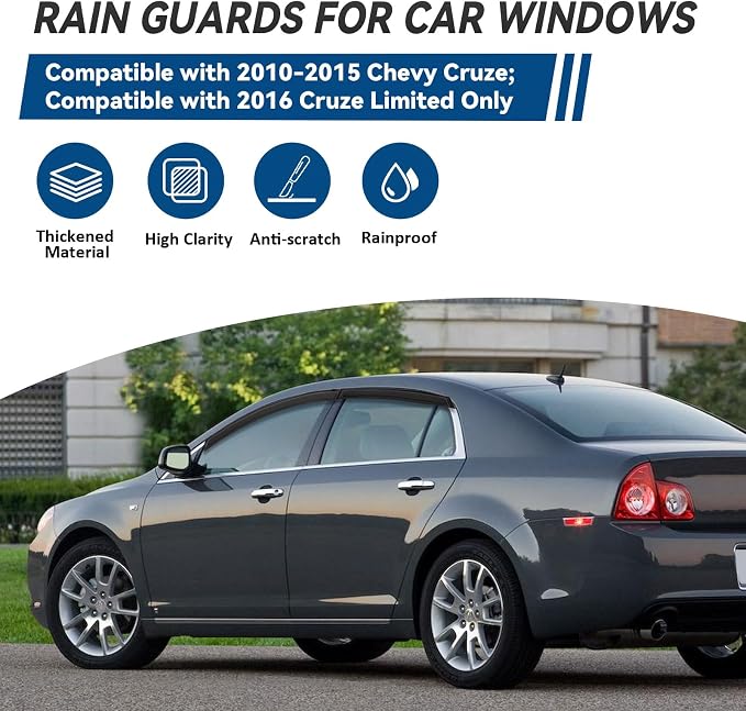 4pcs Front+Rear Smoke Tint Sun/Rain Guard Outside Mount Tape-On Vent Window Visors Compatible with 10-15 Cruze 16 Cruze Limited