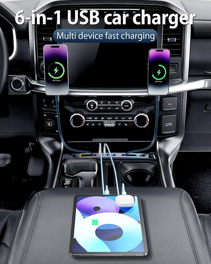 Car Fast Charger for Ford F150 XLT 2022 2023 2024 with 8-Color Ambient Light, Multi Port Retractable Hub for Ford F150 Accessories (PF338)