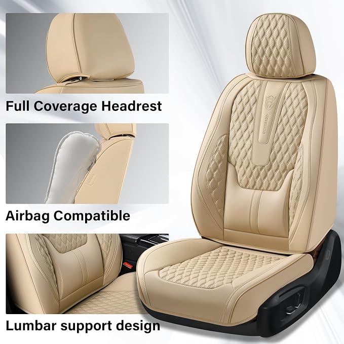 Coverado Car Seat Covers Full Set, Nappa Leather Seat Covers for Car, Waterproof Car Seat Protector with Lumbar Support, Automotive Seat Covers Universal Fit for Most Cars SUV Trucks (Beige)