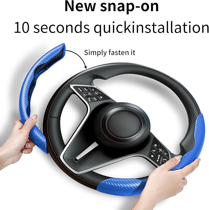 2Pc Carbon Fiber Steering Wheel Cover Universal Fit 99% Cars | Non-slip soft grip, easy to wipe clean, quick to install, perfect for daily commutes and road trips, Blue