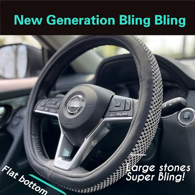 D Shaped Bling Comfy Steering Wheel Cover with Jumbo Crystal Rhinestones, Anti-Slip Diamond Leather, Flat Bottom 14.5-15 Inch (Black)