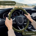 Universal 15inch Ethnic Style Baja Blanket Steering Wheel Cover with Coarse Flax Cloth and Sweat Absorption Anti Slip Car Wrap (Boho Green Leather 2)