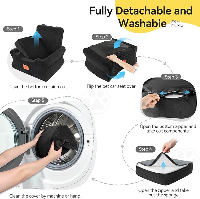 Dog Car Seats for Small/Medium Dogs, Elevated Memory Foam Dog Booster Seat, Detachable Washable Pet Car Seat with Safety Belts & Storage Pockets (Black)