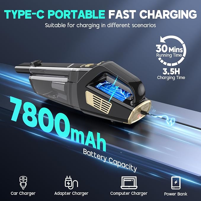 Handheld Vacuum Cordless, 15000PA Strong Suction Hand Held Car Vacuum Cleaner Portable with Multi-Nozzles & Washable Filter, Lightweight Rechargeable Vacuum Cleaner for Home, Car, Office, Pets