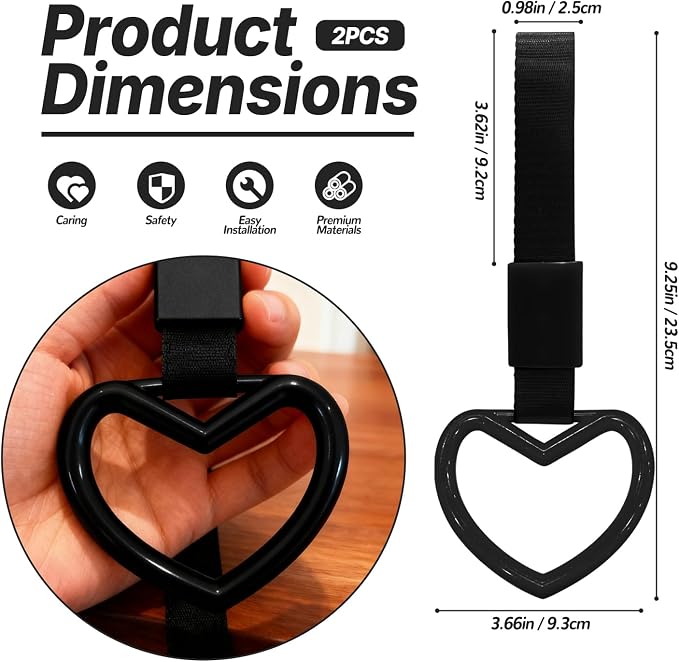 2 Pcs Heart Shaped Car Handle Strap – Drift Charm Rear Bumper Warning Ring Decor for Car Interior Exterior, Subway Bus Handle Accessory, Cute Heart Car Decor Gift for Women & Men (Black)