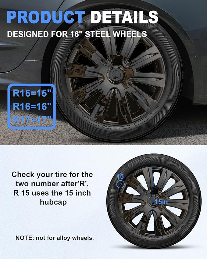Hubcaps,15 inch hubcaps Set of 4, Wheel Rim Cover ABS Material, Snap On Car Truck SUV Replacement, for Toyota Camry Nissan Mazda etc, Black