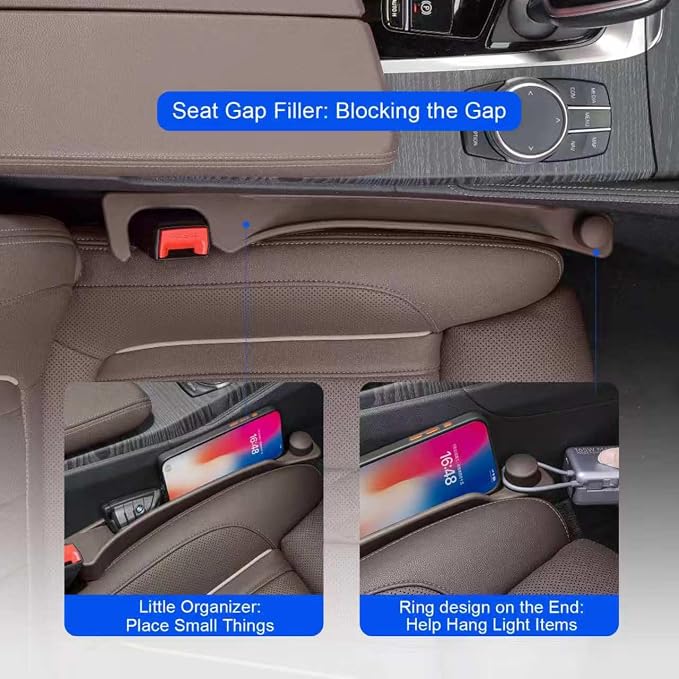 Car Seat Gap Filler 2 Pack with 180° Flip Design - Premium TPE Seat Console Organizer with Storage Box - Universal Fit for Car SUV Truck - Anti-Drop Crevice Blocker (Brown)