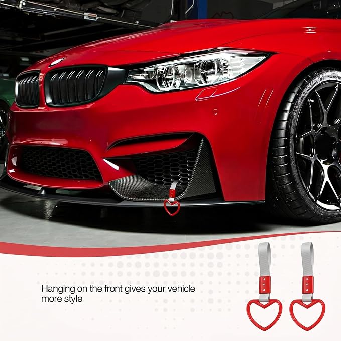2PCS Heart Shaped Car Handle Straps, Rear Bumper Warning Keychain Ring for Car Exterior Accessories (Red-Silver)