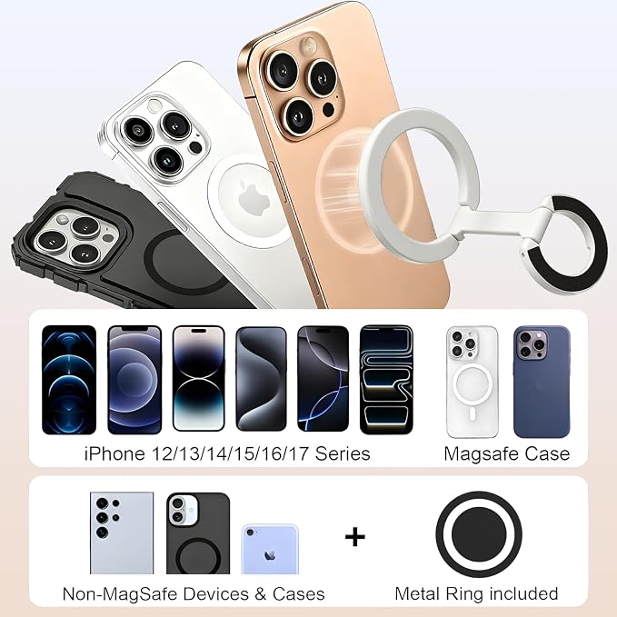 Magnetic Phone Ring for MagSafe Dual-Sided Magnetic Phone Grip Magnet Phone Stand Grip Compatible with iPhone 17/16/15/14/13 Pro Max Plus Mag Safe Accessory for Car Mounts (White)