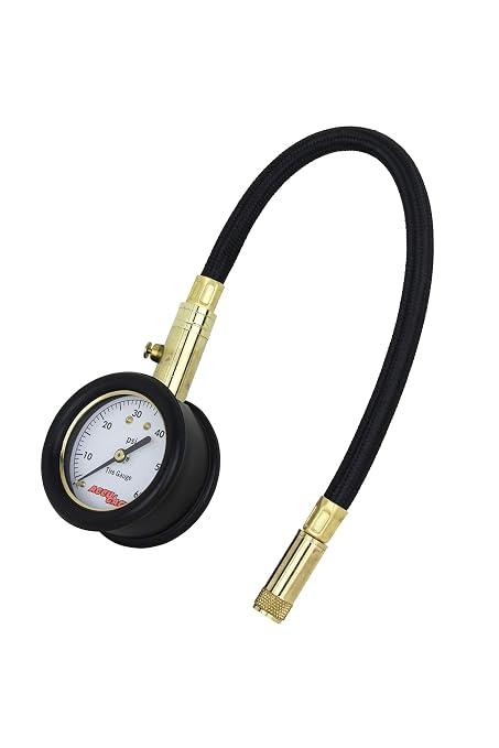 by Milton Dial Tire Pressure Gauge with Straight Air Chuck and 11 in. Braided Hose - ANSI Certified for Motorcycle/Car/Truck Tires (0-60 PSI)