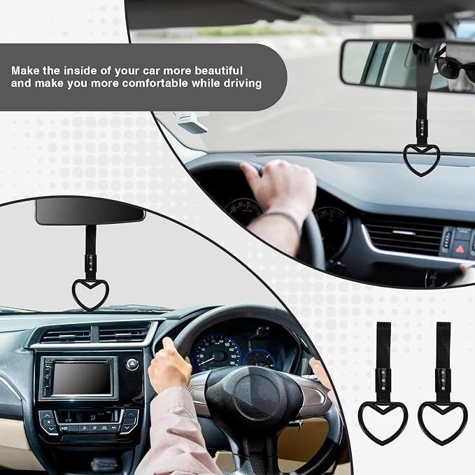 2PCS Heart Shaped Car Handle Straps, Rear Bumper Warning Keychain Ring for Car Exterior Accessories (Black)