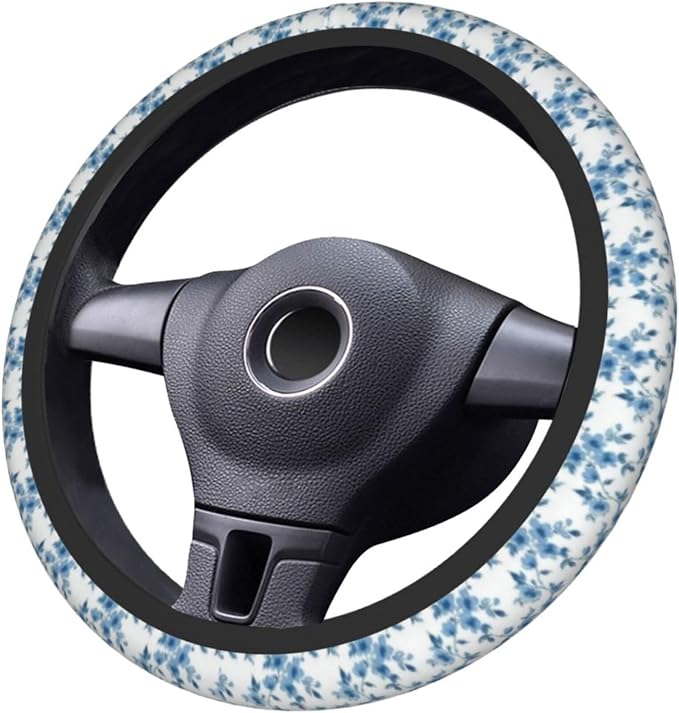 Cute Floral Steering Wheel Cover 15 in + 2pc Blue Flowers Car Coasters | Anti-Slip Breathable Universal for Car Suitable for Men Women Florals