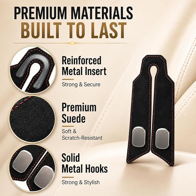 2Pcs Car Headrest Hooks with Premium Leather, Upgraded Double Metal Hooks with Anti-Drop Design, Universal Back Seat Hanger for Bags, Coats, Purses and Groceries (Classic Black)